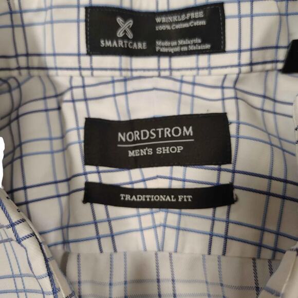 Nordstrom Men's Shop White Blue Button Up Shirt Traditional Fit Size 36 x 17.5 - Picture 2 of 8